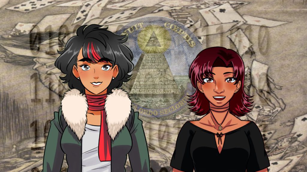 Alice and Jenny in front of a conspiracy-themed background. Jenny is a tan-skinned woman with a red streak in her short black hair and a mischievous smile. Alice is a Black and Ashkenazi Jewish woman with fully red hair in a bob, wearing a Star of David necklace and grinning ear to ear.