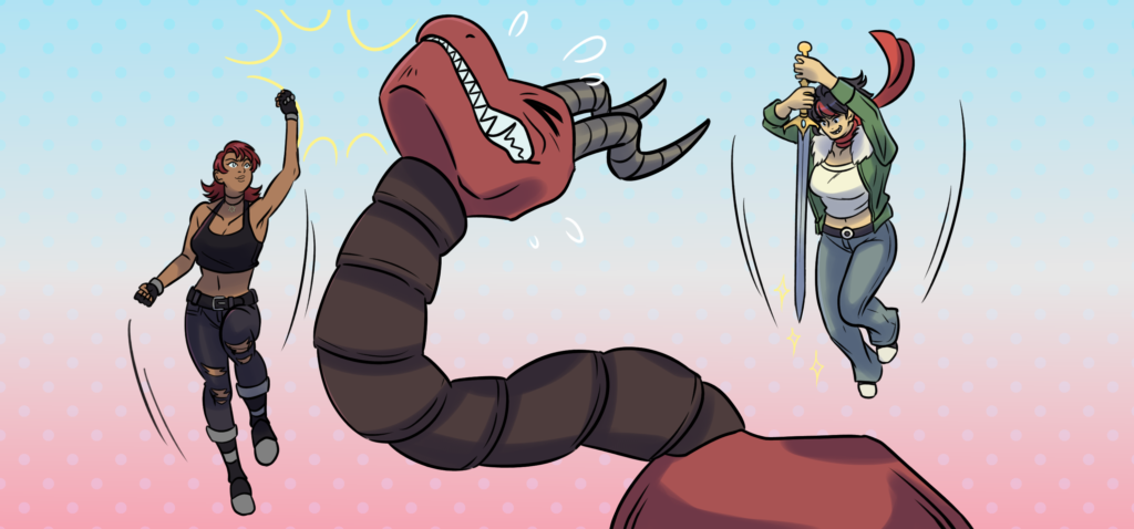 Alice delivers a fricking sweet uppercut to a dragon while Jenny drops in for a stabbin'.